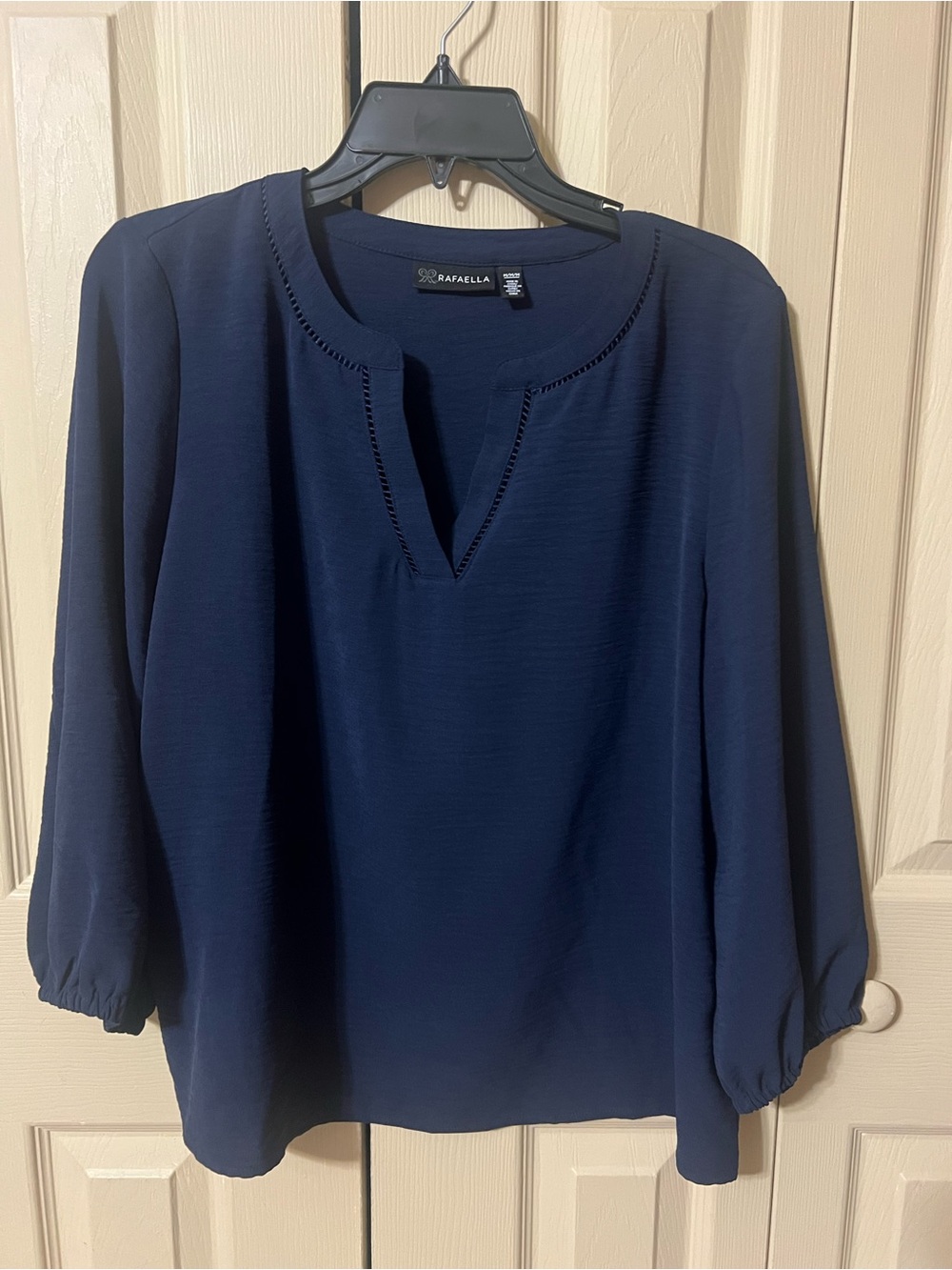 Rafaella Navy Split V-Neck Blouse with 3/4 Sleeves Size M